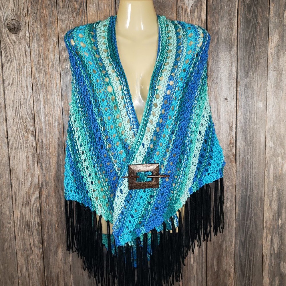 NEW Blue‎ Teal Multi Hand Knitted Shawl Wrap Scarf Boho Hippie Knit Handmade